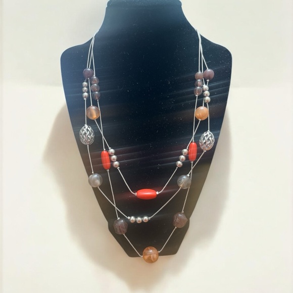 NY Collection Jewelry - Elegant Multi-Strand Necklace with Red and Silver Accents